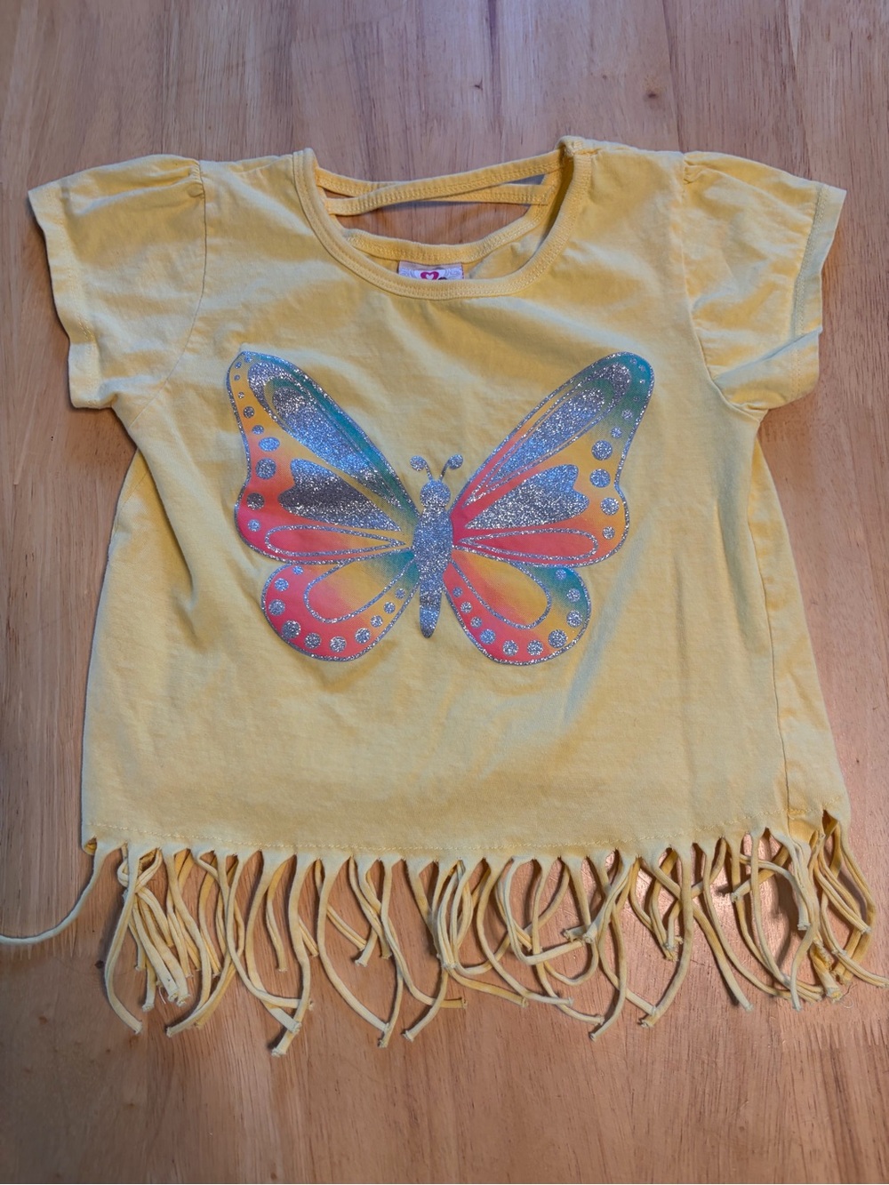 Real Love Girls Yellow Butterfly Fringe Short Sleeve Tee — Glitter Accent